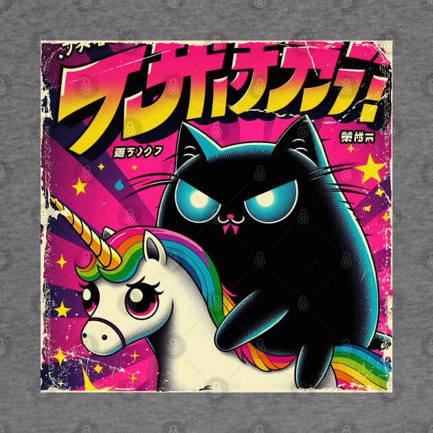 Mystical Black Cat Riding Colorful Unicorn by IA.PICTURE